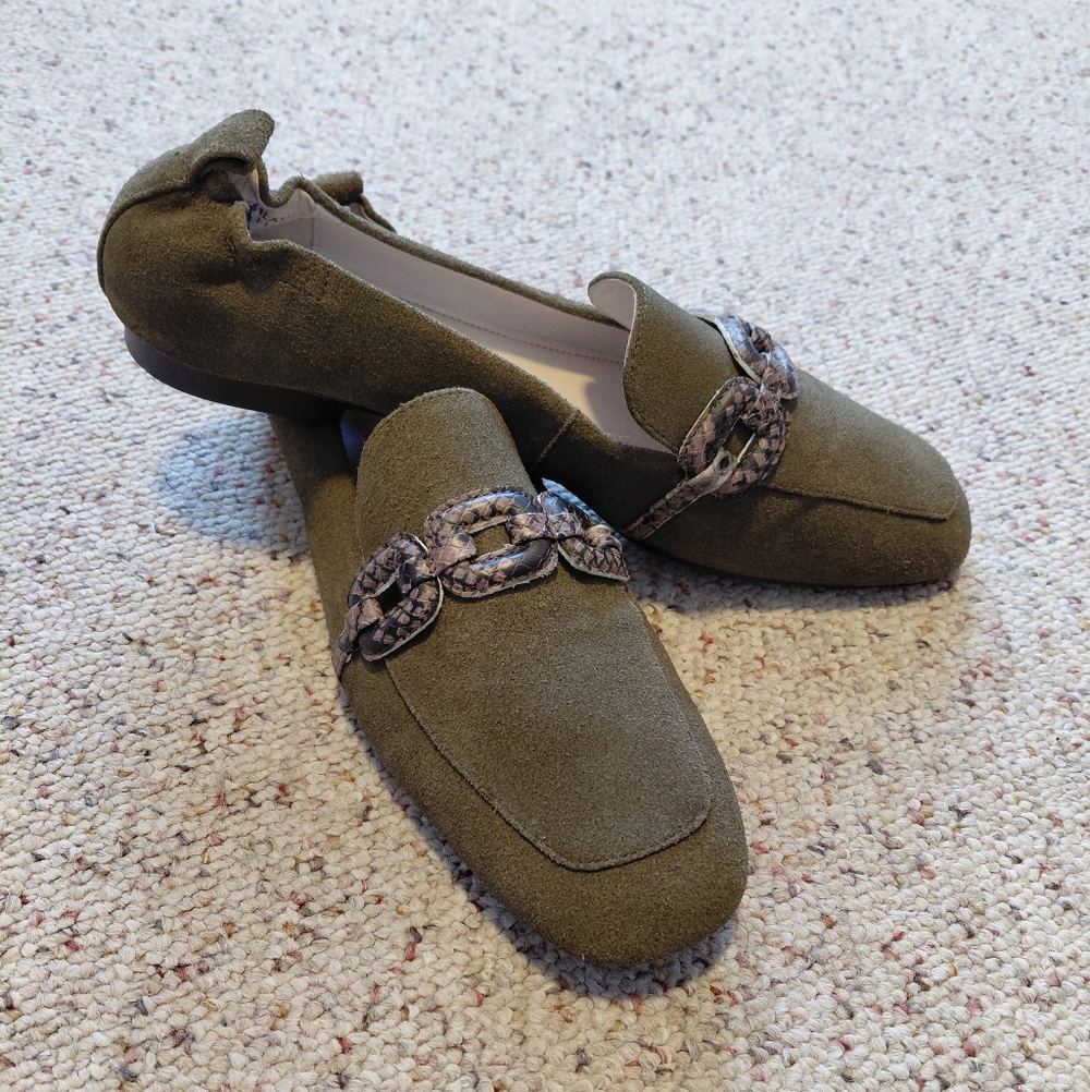 Sanctuary Olive Suede Loafers with Chain Accent
